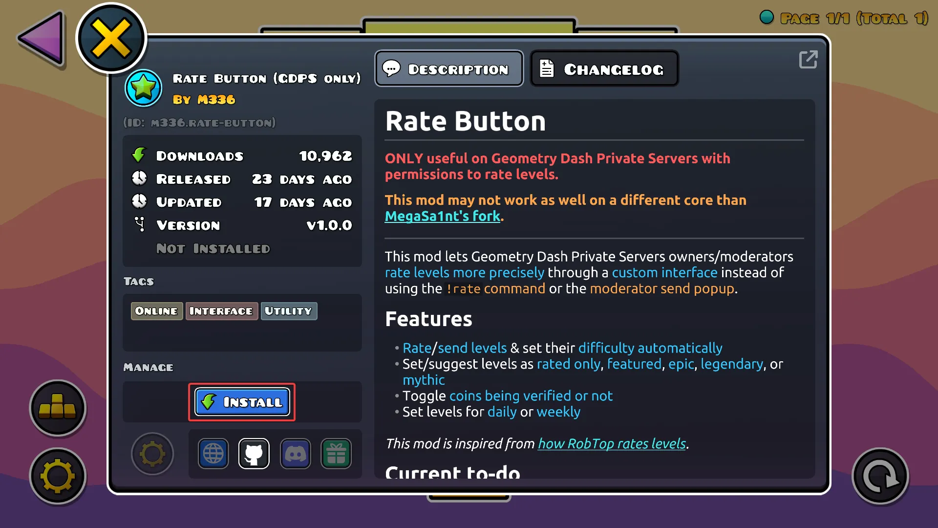 Downloading Rate Button from the Geode mods index