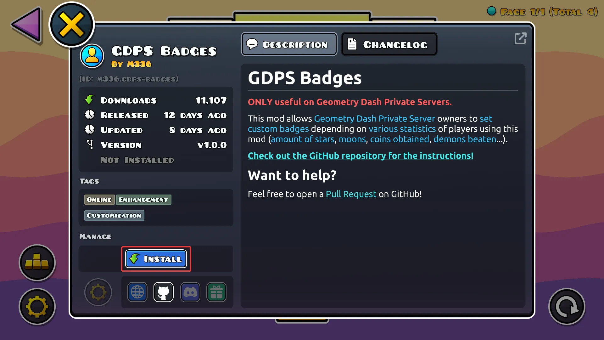 Downloading GDPS Badges from the Geode mods index
