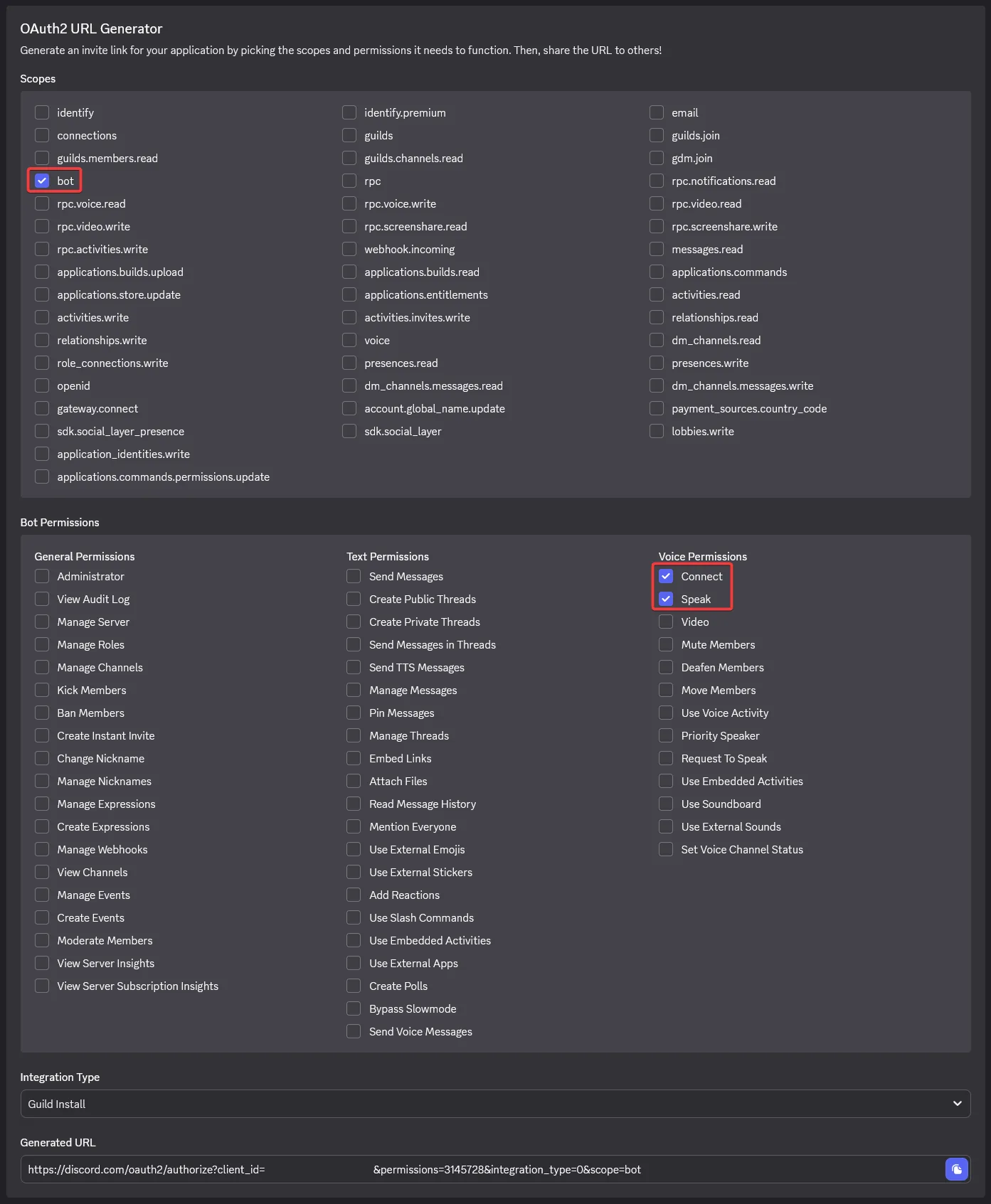 Generating the invite link from the Discord Developer Portal